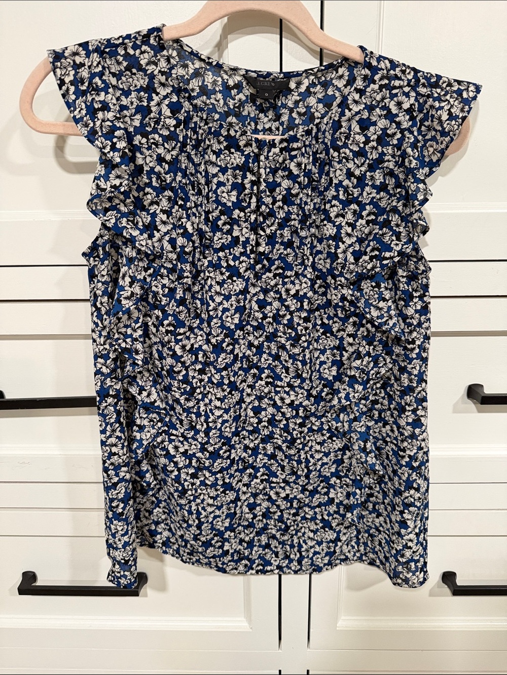 J. Crew Navy Floral Ruffle Sleeve Blouse